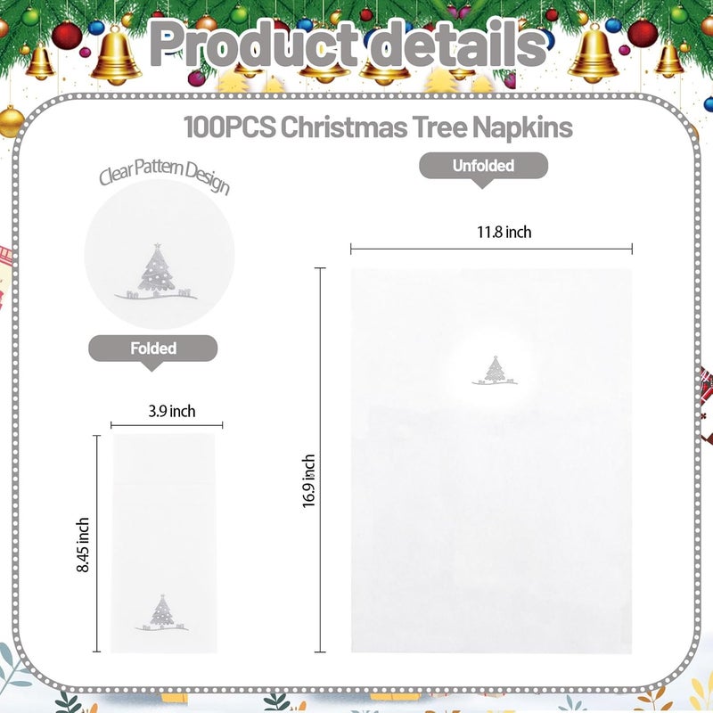 Joyido 100PCS Christmas Paper Napkins - Silver Christmas Tree Napkin with Built-in Flatware Pocket Prefolded Cloth-Like - Heavy-duty Linen-Feel Dinner Napkins Disposable for Xmas Tableware Decor - Image 2